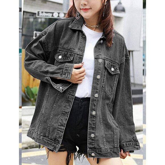 Women's Oversized Mid Long Denim Jacket Jean Biker Coat Long Sleeves Grey - Picture 5 of 8